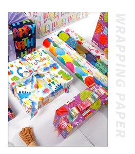 Detailed set of colorful cartoon dinosaur and balloon birthday gift wrapping paper rolls