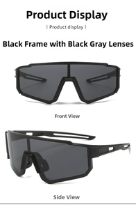 Detail view of sports sunglasses featuring black frames and gray lenses with vented arms