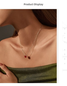 Close-up of S925 silver necklace with a rose-cut garnet pendant on a model's neck