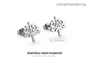 Macro view of 12x12mm stainless steel tree of life studs with silver finish