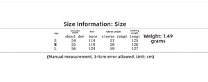 Size chart showing shoulder, bust, and sleeve length for women's wool coat