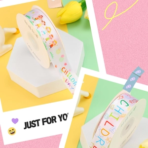 Close-up of Children's Day ribbon with colorful patterns for DIY gift wrapping
