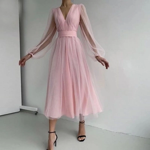 French Evening Gown Dress V Neck Long Lantern Sleeve Mesh Tulle Elegant Formal Party Wedding Guest Apparel