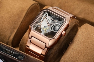 Detailed close-up of Success Way skeleton watch showing intricate mechanical gears