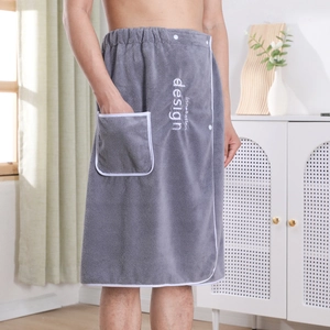 Men's grey coral fleece wearable bath towel with pocket and embroidered innovation design