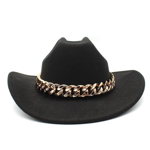 Fashionable black wool fedora hat with a chunky rose gold chain band decoration