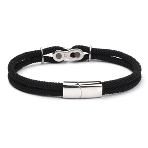 Mountain bike chain style woven bracelet with silver magnetic clasp in black and silver