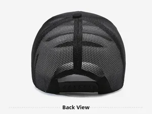 Rear view of black breathable mesh trucker hat with adjustable plastic snap closure