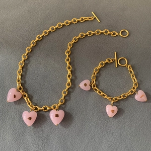 Handmade Murano pink heart pendant necklace and bracelet jewelry set in gold finish