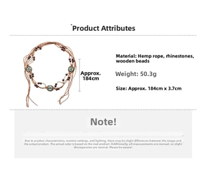 Ethnic braided waist chain with wood beads and rhinestones, length 184cm, weight 50.3g