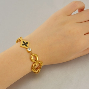 Multilayer Stainless Steel Bracelet With 18K Gold Plated Zircon Inlaid Square Charm And Interlocking Rings Fashion Jewelry Women Luxury
