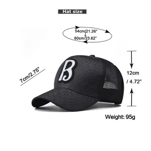 Size chart for black B letter baseball cap showing head circumference and brim dimensions