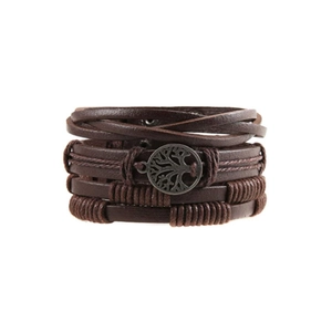 Handcrafted multilayer brown leather bracelet with vintage bronze Tree of Life charm pendant