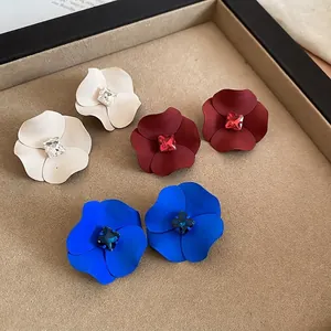 Matte flower earrings with crystals in off-white, wine red, and royal blue finishes