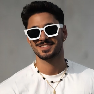 Fashionable square white frame sunglasses with black lenses and trendy pearl necklace