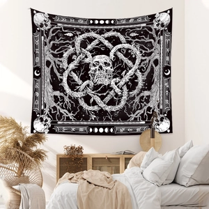 Bohemian black and white skull tapestry with mystical runes and moon phases for bedroom