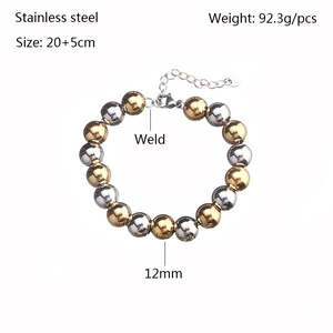 Detail of 12mm mixed gold and silver stainless steel bead bracelet with size and weight specs