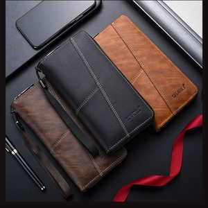 Three premium long leather wallets for men in black and brown shades with wrist straps