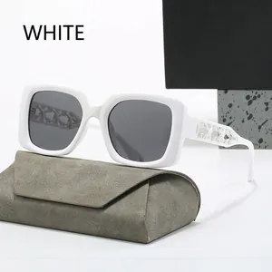 Stylish white square frame sunglasses with woven temples and a gray case on display