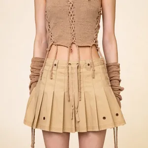 Jupe Courte Plissée En Coton Pour Femmes Style Cargo Rétro Taille À Cordon Œillets Métalliques Khaki