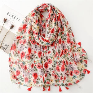 Women Long Scarf Shawl Polyester Voile Sun Protection Beach Wrap Floral Print With Tassel Fringe Elegant Fashion Spring Summer