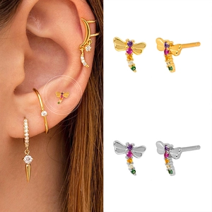 Chic S925 silver dragonfly earrings with colorful zircon crystals in gold and silver finish