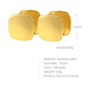 Macro detail of 15mm square gold stainless steel earrings with vacuum plating specs