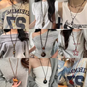 Bohemian Long Pendant Necklace Retro Starfish Feather Stainless Steel Leather Cord Ethnic Style Jewelry For Women