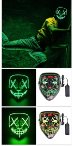 Close-up of LED glowing mask with green EL wire, stitch design and battery controller