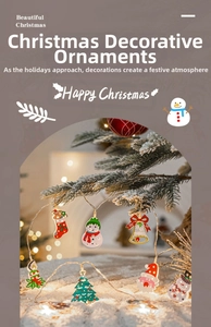 Detail view of warm LED Christmas string lights with snowman and Santa pendants