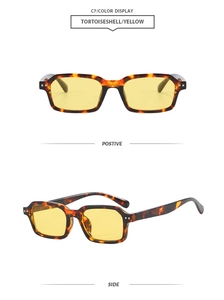 Front and side views of vintage tortoiseshell square frame sunglasses with yellow lenses
