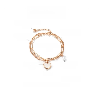 Detailed size specifications for rose gold double-layer steel bracelet with heart pearl