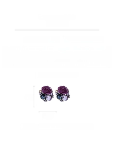 Detail view of purple resin flower earrings with size and material specifications