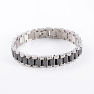 Dual-tone silver and gunmetal stainless steel watch-style link bracelet with fold-over clasp
