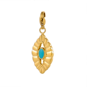 Détail d'un pendentif doré avec incrustation de turquoise et fermoir mousqueton