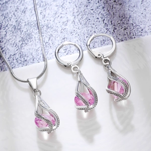 Silver teardrop necklace and earrings set with pink crystals and cubic zirconia