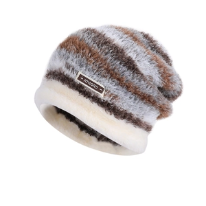 Winter plush knit hat for women with fluffy gradient stripes and ear protection design