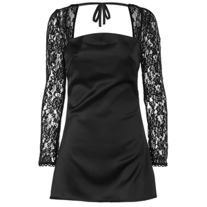 Elegant black satin mini dress with floral lace long sleeves and a square neckline