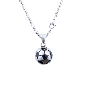 Polished silver and black soccer ball pendant necklace with durable link chain