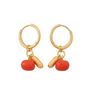 New Chinese style gold hoop earrings with red bead and peanut charms for women