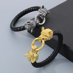 Men's Viking wolf head braided leather bracelets in gold and silver finish
