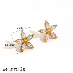 18k gold plated flower stud earrings with sparkling crystals, size 14mm x 13.5mm