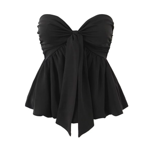 Solid Black Tube Top With Large Bow Smocked Bodice And Ruffle Hem Sexy Lace Up Back Bandeau For Women