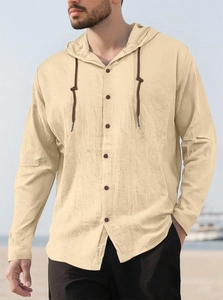 Detail of men's beige cotton linen hooded shirt with buttons and adjustable drawstrings