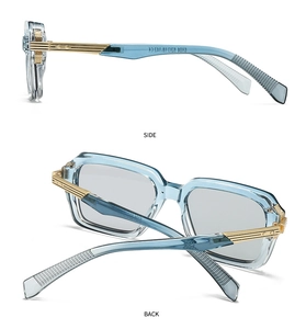 Detail view of square blue pilot sunglasses showing side and back view with golden arms