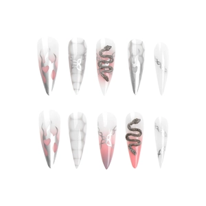 Pink and silver flame stiletto press-on nails with 3D metal snake and heart accents