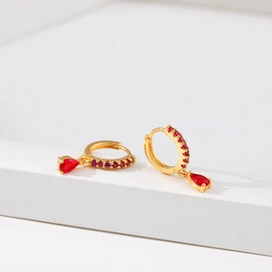 18K gold plated brass hoop earrings with red zircon inlays and waterdrop pendants