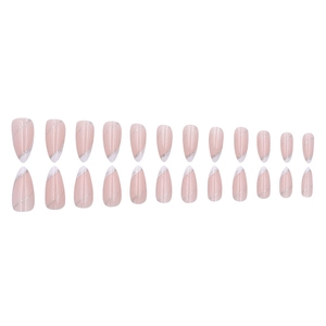 Unghie finte a mandorla rosa nudo con punte French bianche e linee glitterate argento