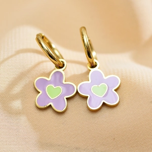 Sweet gold-plated flower hoop earrings with purple enamel petals and green heart centers