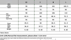 Tableau des tailles pour pantalon en denim avec mesures de la taille, hanches et longueur